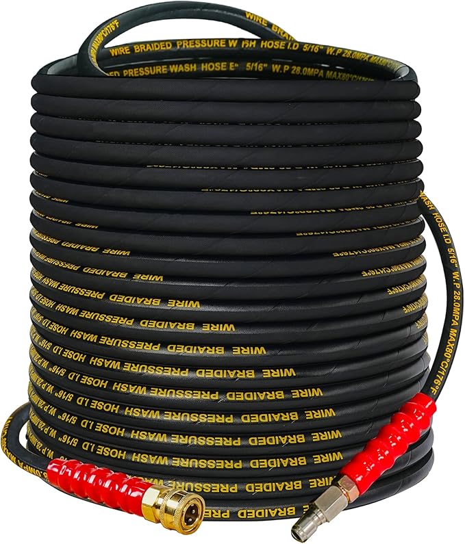 Hourleey Kink Resistant Pressure Washer Hose 100FT, High Tensile Wire Power Washer Hose with 3/8 Inch Quick Connect, 4000 PSI