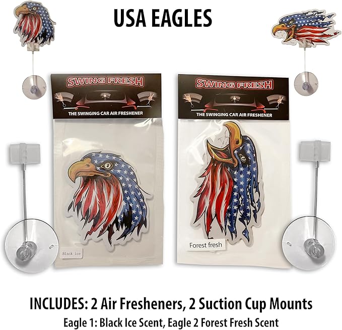 2PCS Car Air Fresheners | The Air Freshener That Swings Back And Forth | Patriotic American Bald Eagle Flag: Scents Include: Forest Fresh, Black Ice (American Eagle Flag)