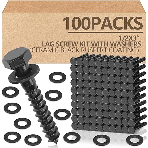 Tandefio 100 Pack 1/2''x 3'' Ceramic Black Lag Screw Kit with Washers Hex Lag Bolts Wood Screws Heavy Duty Hot Dip Galvanized Double Layer for Wood Decks Fences