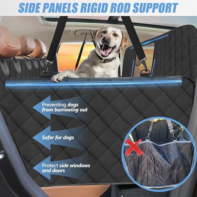 Back Seat Extender for Dogs-Large Space, High Barrier Hard Bottom Dog Car Seat Cover for Back Seat Hold 420lb, Backseat Protector Pet Bed, Waterproof Dog Hammock for Car SUV and Trucks, Black