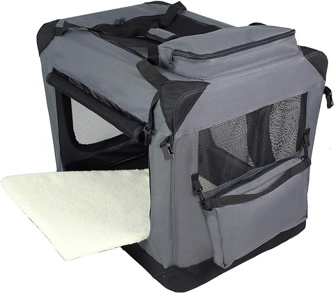 EliteField 3-Door Folding Soft Dog Crate with Carrying Bag and Fleece Bed (2 Year Warranty), Indoor & Outdoor Pet Home (42" L x 28" W x 32" H, Gray)