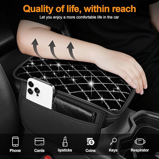 Bling Armrest Cover for Car Compatible with Jeep Cherokee - Center Console Cover with 2 Storage Pockets and Crystal Diamond(Black)