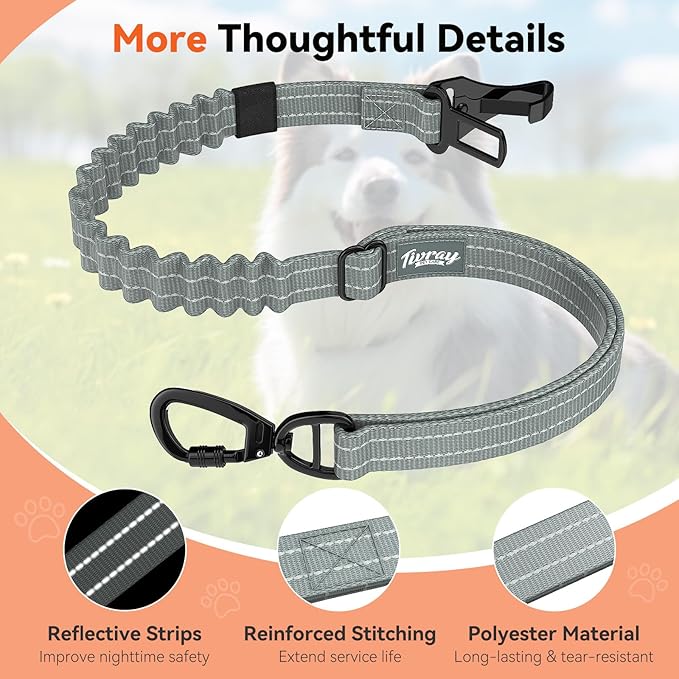 Dog Seat Belt, Dog Car Seat Belt Bungee, Car Harness for Pet with Buckle & Hook Latch, Safety Leash Vehicle, Adjustable Reflective Pet Vehicle Tether, 360° Swivel Lock Clasp, Gray