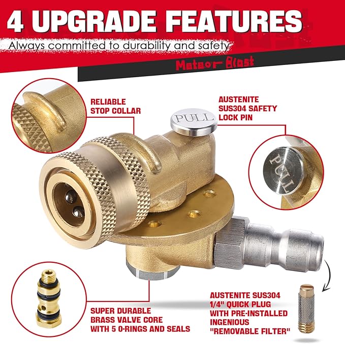 Meteor Blast Pivoting Coupler, 270 Degree with 7 Angles, heavy duty design and Stainless Steel Safety Lock for Pressure Washer Spray Nozzle, Clean Hard to Reach Area, 5000PSI, 1/4” Quick Connect