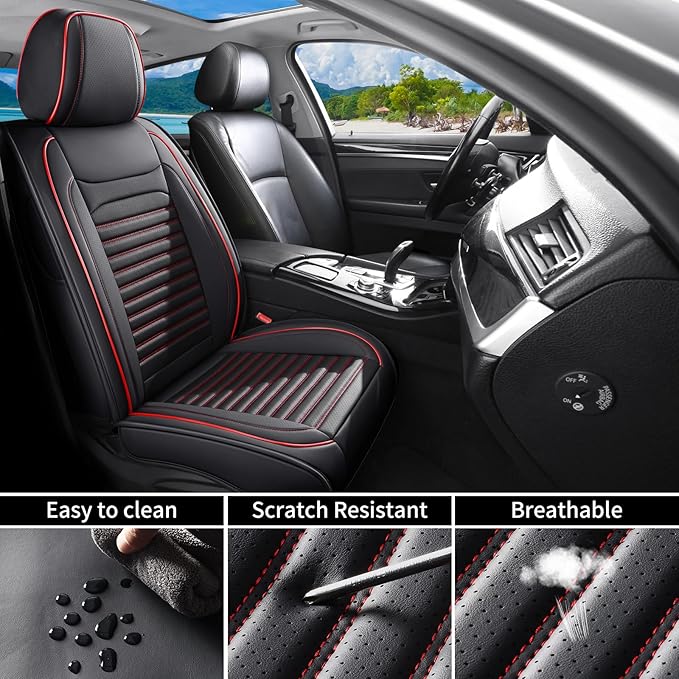 Front Seat Covers Fit for Toyota Yaris 2007-2020, Car Seat Covers Front Seats, Breathable Faux Leather Automotive Seat Covers Front Pair Anti-Slip Seat Cover(Black&Red, Front)