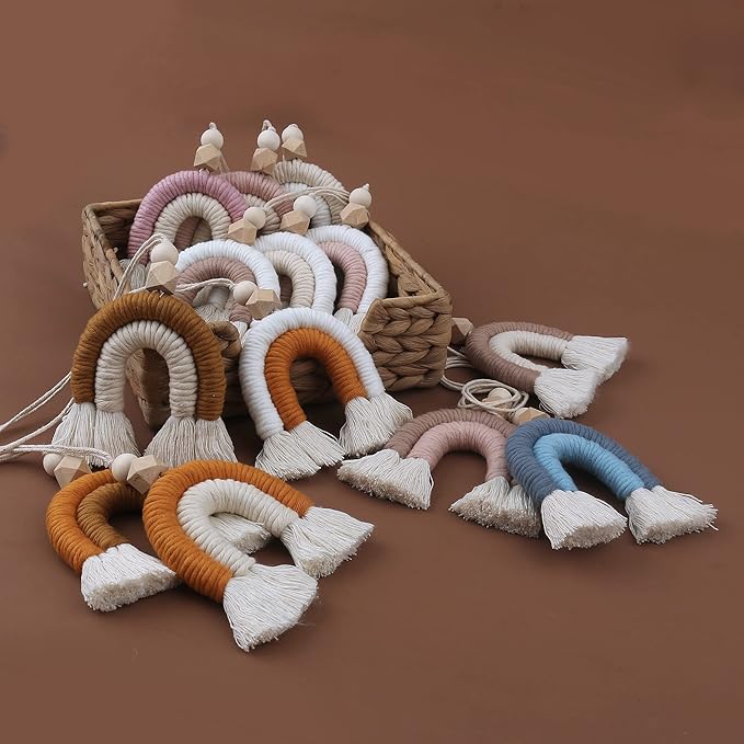 Macrame Rainbow Charm Boho Felt Ball Wood Bead Essential Oils Diffuser Interior Decor Handmade Car Accessories Colorful Hanging Air Freshener Decor(Blue)