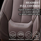 Coverado Universal Seat Covers Front, 2-Pack Universal Seat Covers for Cars, Waterproof Nappa Leather Car Seat Covers with Head Pillow, Auto Protectors Fit for Most Sedans SUV Pick-up Truck-Brown