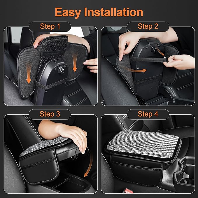 Bling Car Center Console Cover Custom Fit for Jeep Wrangler - Leather Armrest Cover with 2 Storage Pockets and Crystal Rhinestones(Black)