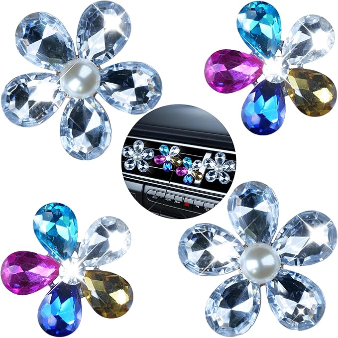 Bling Flower Car Accessories for Women Interior Aesthetic, Flower Decorative Vent Clips, Car Air Conditioner Clip Automotive Interior Decoration Fragrance-Free Aromatherapy Tablets, Add Your Own Scent