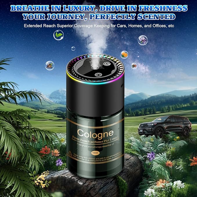 Smart Car Air Freshener, CarDiffuser with 6.09 Fl Oz /180ml Capacity Essential Oil Last 9 Months Fragrance, 5s Full-Car Fragrance, Adjustable Intensity, Auto On/Off, Women & Men for Velvet Cologne