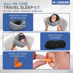 Travel Neck Pillows for Airplanes – Sleep Comfortably on Long Flights, Roadtrips, Home or Office. All-in-One Travel Sleep Kit with Hood, Eyemask and Earplugs