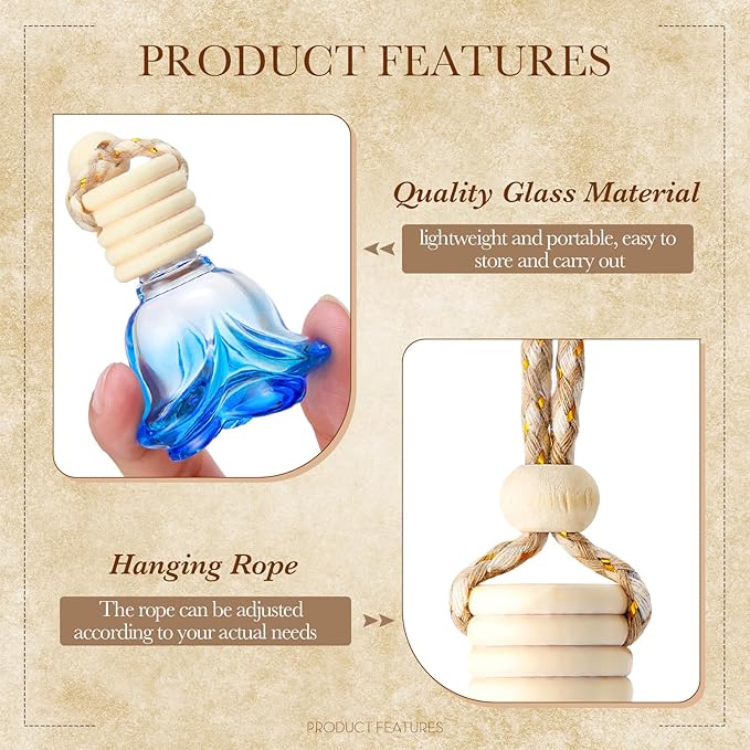 BBTO 50 Pcs Hanging Car Air Freshener Diffuser Bottles Empty Glass Perfume Bottle Pendant for Essential Oil (Colorful, Rose)