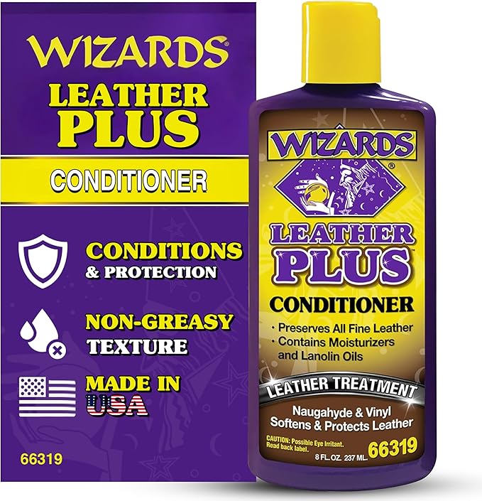 Wizards Leather Plus Leather Conditioner - Moisturizing Car Leather Seat Cleaner and Conditioner - Cleans, Conditions and Protects Leather, Naugahyde and Vinyl Car Accessories - 8 oz - Made in USA