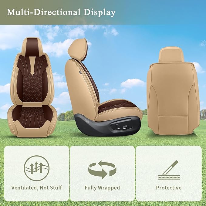 Breathable Car Seat Covers for Toyota Prius 2003-2015, Front Seats, Perforated Leather, Seat Protector, Interior Trim for Toyota Prius Accessories (Beige&Brown)