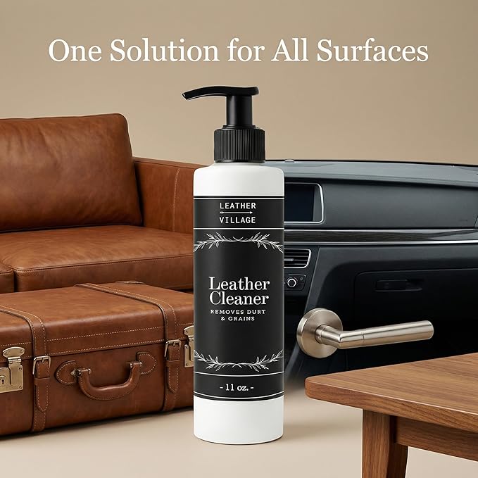 LEATHER VILLAGE Leather Cleaner and Conditioner for Car Seats, Furniture & Couch 2-in-1 Leather Care Kit with Wipe Cloth – Non-Toxic Stain Remover & Protectant for Shoes, Purse, Jacket, Bag | 11 oz