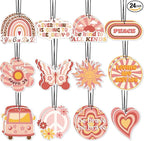 Demissle 24 Pcs Boho Hippie Car Air Fresheners Bulk Cute Groovy Hanging Air Freshener Pink Rainbow Scented Fresheners Rearview Mirror Decor for Women Gift Car Accessories