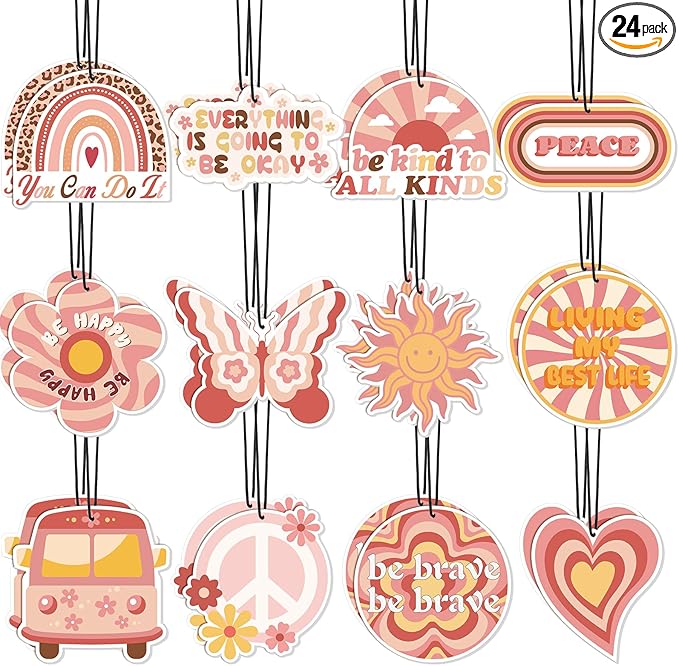 Demissle 24 Pcs Boho Hippie Car Air Fresheners Bulk Cute Groovy Hanging Air Freshener Pink Rainbow Scented Fresheners Rearview Mirror Decor for Women Gift Car Accessories
