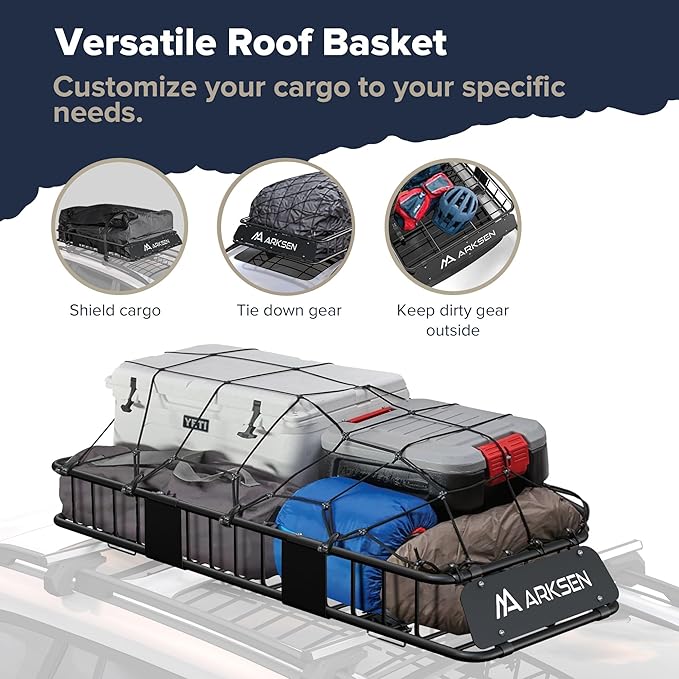 ARKSEN 64"x23"x6" Roof Rack Skinny Cargo Carrier with Basket & Net, Heavy Duty Weather Resistant Top Mount Cargo Rack, Luggage & Camping Gear Storage for Car, Truck or SUV Transport