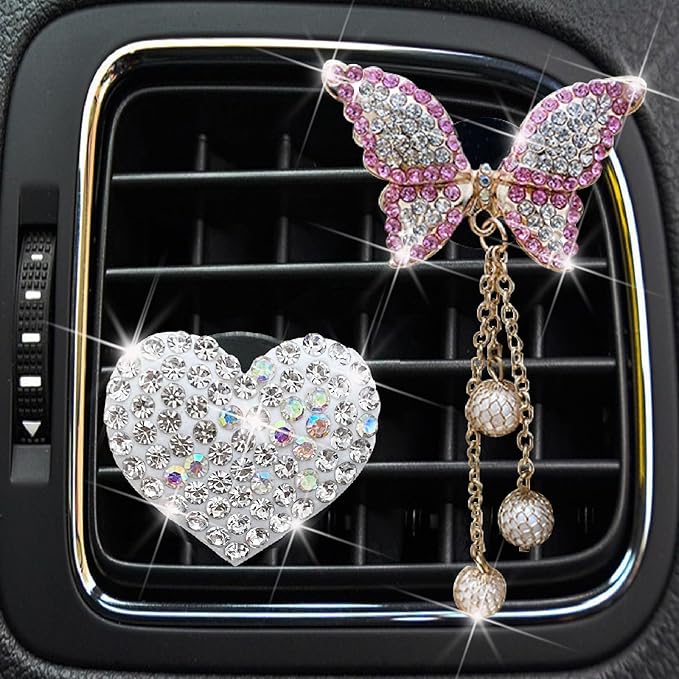2 Pcs White Bling Rhinestone Heart + Pink Butterfly Clip Accessories Air Conditioning Outlet Clip Car Air Freshener Dashboard Accessories Charm Car Inter Decor Cute Interior Accessories for Women