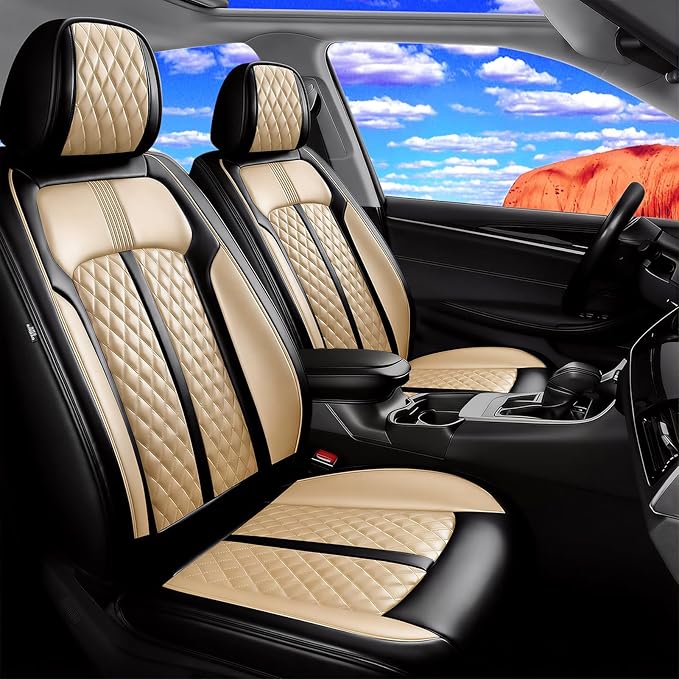 Fit Civic Car Seat Covers for Honda Civic 2020-2026 Sedan(Not for Coupe) - Premium Full Coverage Leather, Waterproof All Weather Breathable Seat Cushion Protector, Full Set, Black+Beige