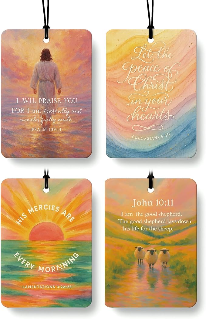 Boho Abstract Christian Car Air Freshener 4 Pcs, Jesus and Lamb Sun Religious Hanging Air Freshener for Cars Closet Drawer Books, Colorful Christian Car Accessories Mirror Decor for Women