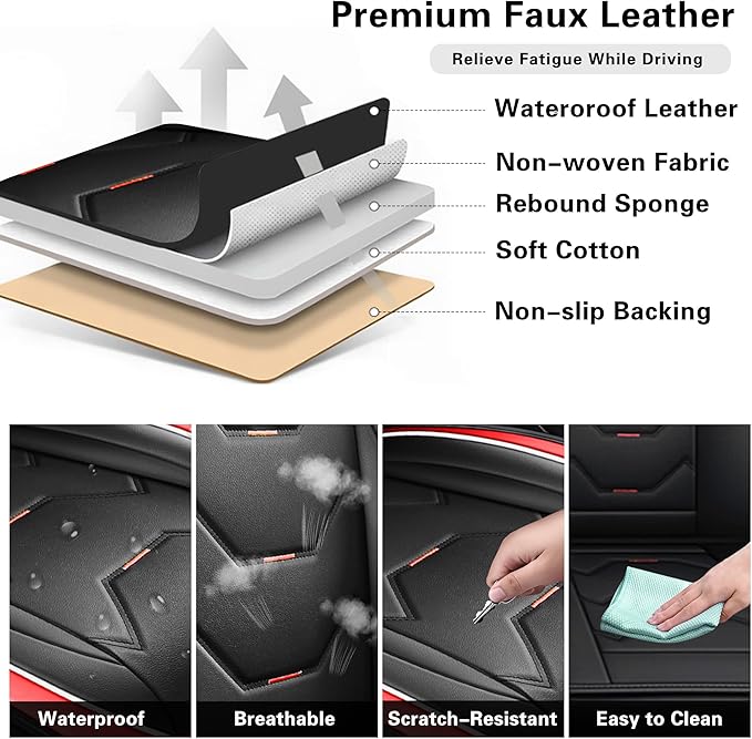 otoez Car Seat Covers Full Set, 5 Seats Leather Seat Cover for Car, Black Automotive Front and Back Seat Cushion Protector Waterproof and Non-Slip for Most Sedens Trucks SUVs, Black & Red
