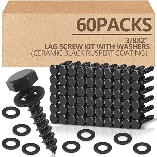 Tandefio 60 Pack 3/8''x 2'' Ceramic Black Lag Screw Kit with Washers Hex Lag Bolts Wood Screws Heavy Duty Hot Dip Galvanized Double Layer for Wood Decks Fences