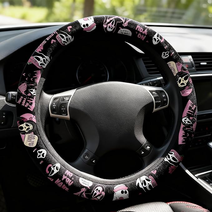 Halloween Ghost Steering Wheel Cover Car Accessories for Men Women with 2 Air Freshener, 15 Inch Anti-Slip Steering Wheel Covers Universal Fit