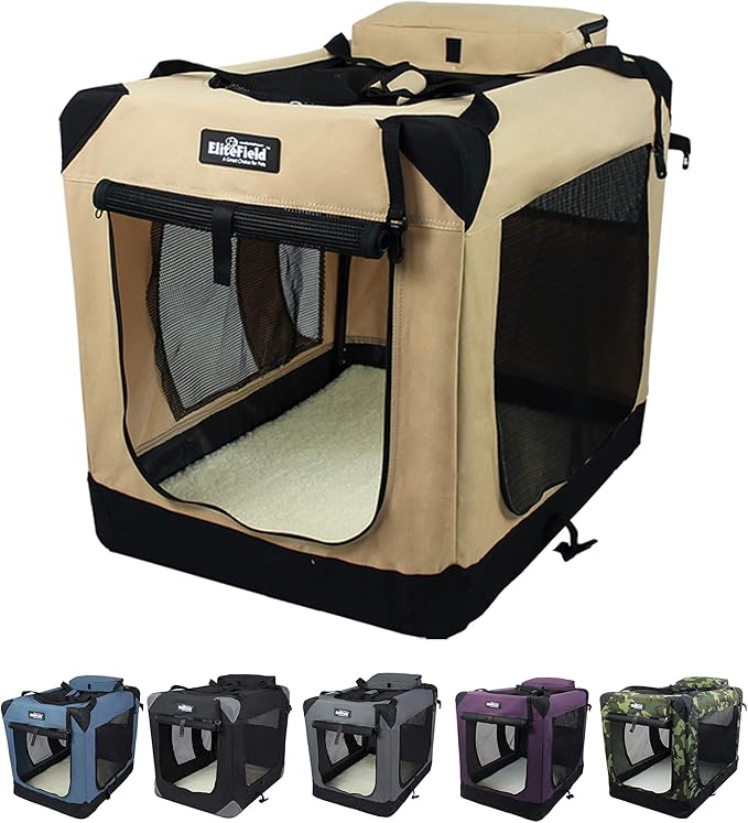 EliteField 3-Door Folding Soft Dog Crate with Carrying Bag and Fleece Bed (2 Year Warranty), Indoor & Outdoor Pet Home (36" L x 24" W x 28" H, Beige)