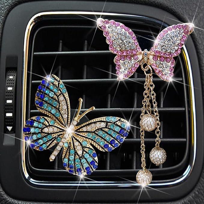 Blue and Pink Butterfly Air Vent Clip Accessories Air Conditioning Outlet Clip Car Air Freshener Dashboard Accessories Charm Car Inter Decor Cute Interior Accessories for Women (2 Pcs)