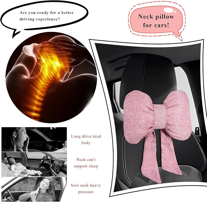 Bow Car Headrest Pillow, Breathable Ergonomic Auto Neck Cushion with Adjustable Strap, Comfy Vehicle Neck Support Pillow Cute Bow Girl-Style Decoration for Driving Seats (Pink)