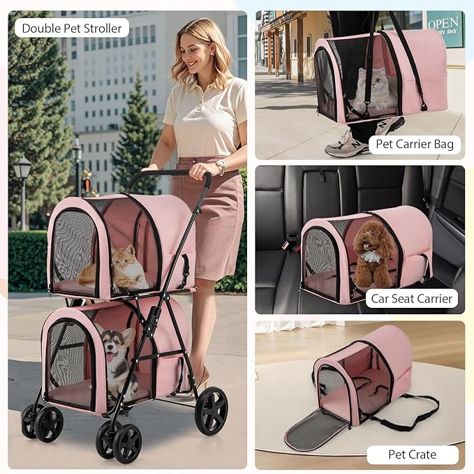 Giantex Double Pet Stroller with 2 Detachable Carrier Bags, Safety Belt, 4 Lockable Wheels, Folding Cat & Dog Stroller for Small Medium Pets, Cats Dogs Puppy Travel Strolling Cart (Pink)
