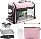SUERTREE Bird Carrier Bag Bird Travel Cage with Stand, Lightweight Backpack for Parrot, Portable Bird Travel Bag, Pet Transparent Breathable Travel Cage, Pink