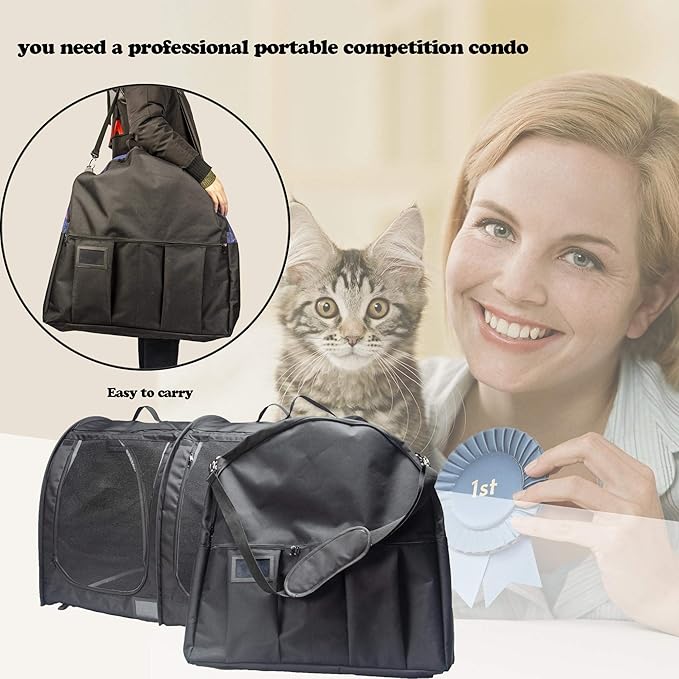 Mispace Portable Twin Compartment Show House Cat Cage Condo,Comfy Puppy Home Dog Travel Crate with Carry Bag/2 Hammocks/Mats & Collapsible Litter Box