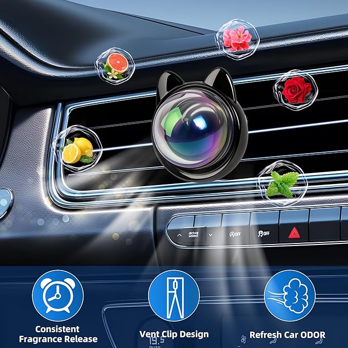 Longevity Car Air Freshener,Cute Cat shaped Vent Clip Car Diffuser with 3 Essential Oil Refills, Long Lasting Car Vent Air Freshener, Cute Car Accessories Gift for Women Men,New Car