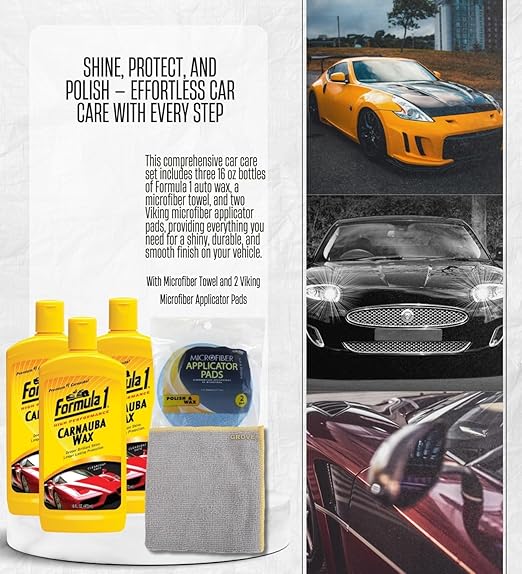 3x Carnauba Wax Liquid by Formula 1 16 oz Bundle with Microfiber Cloth & Microfiber Applicator Pads – Car Wax Polish Provides Cleaning, Protection, and Restoration for Vehicle – Gift Set (5 Items)