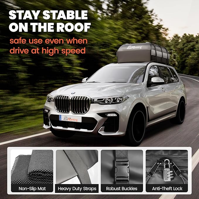 Asinking Car Rooftop Cargo Carrier Bag - 100% Waterproof Heavy Duty Car Roof Luggage Carrier 15 Cubic Feet, Fits All Vehicles with/Without Roof Rack - Easy Install & Triply Reinforced for Secure Use