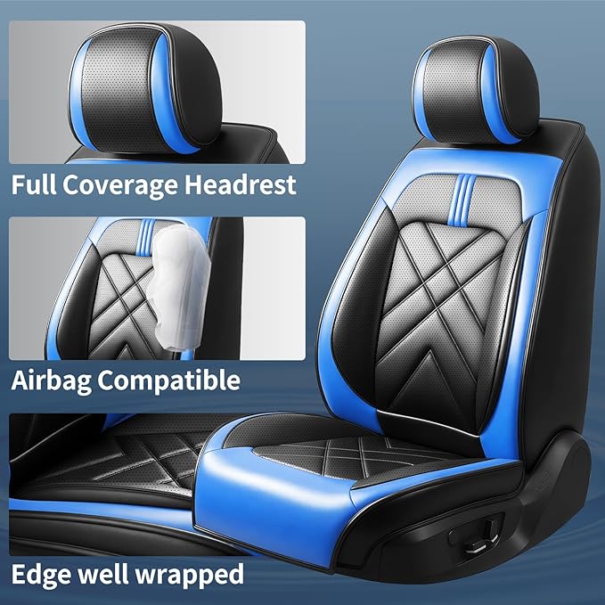 CX-3 Car Seat Covers Fit for Mazda CX-3 2016-2021, Full Coverage Premium Leather Waterproof Breathable Seat Covers, Automotive Seat Protectors, Airbag Compatible(2 Front Seats, Black-Blue)