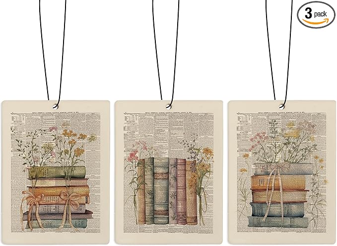 Book Lover Librarian Car Air Freshener, Book Club Reading Room Nook Library Air Freshener Hanging 3 Pcs for Cars Closet Drawer or Books, Retro Floral Books Car Accessories Mirror Decor for Women