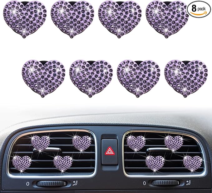 Bling Heart 8pcs Air Vent Clips, Crystal Heart Air Fresheners Vent Clips Rhinestone Diamond Car Decoration Cute Car Accessories for Women Girls (Purple)