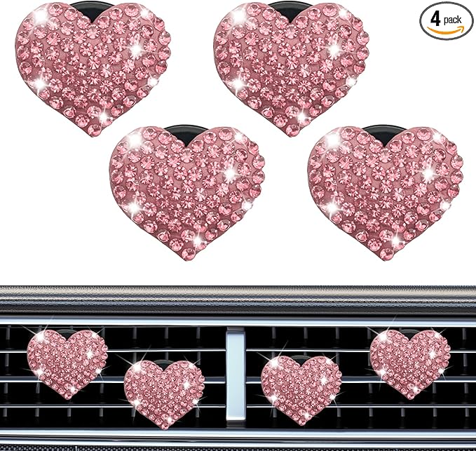 4PCS Heart-Shaped Car Vent Clip with Rhinestone, Vent Clip Car Accessories, Sparkly Rhinestone Bling Diamond Freshener Holder, Air Conditioning Outlet Ornament for Women Girls (Pink, Style1)