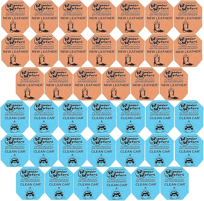 Bundle Contents - 40 pack of Wonder Wafer Car Air Freshener: 20 Clean Car, 20 New Leather, 2 scents