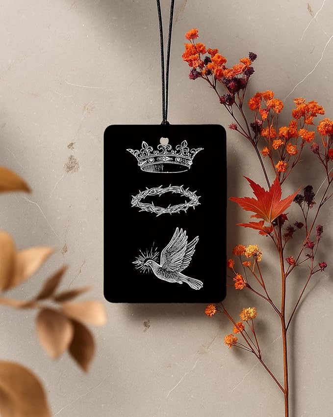 Black Christian Car Air Freshener 4 Pcs Coconut Scented, God Cross Crown Religious Faith Car Accessories Mirror Decor for Women, Christian Hanging Air Freshener for Cars Closet Drawer Books