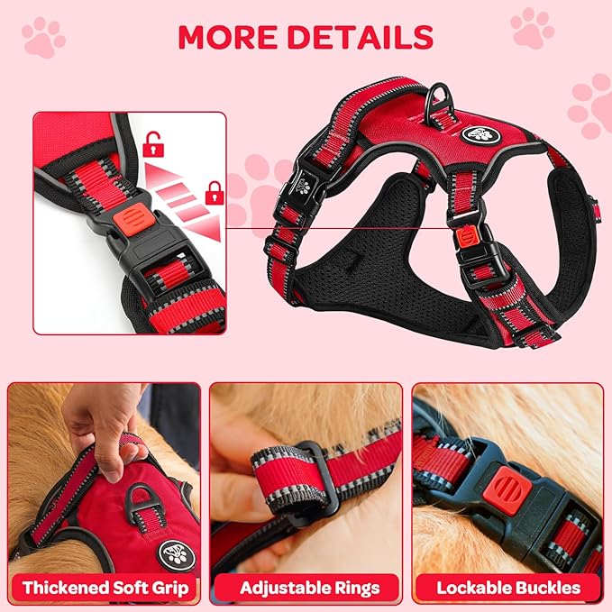 FURRYFECTION Plaid Dog Harness for Large Dogs, Reflective No Pull Adjustable Pet Vest with Front Clip, Leash, Easy Control Handle and Seat Belt, Red, XL