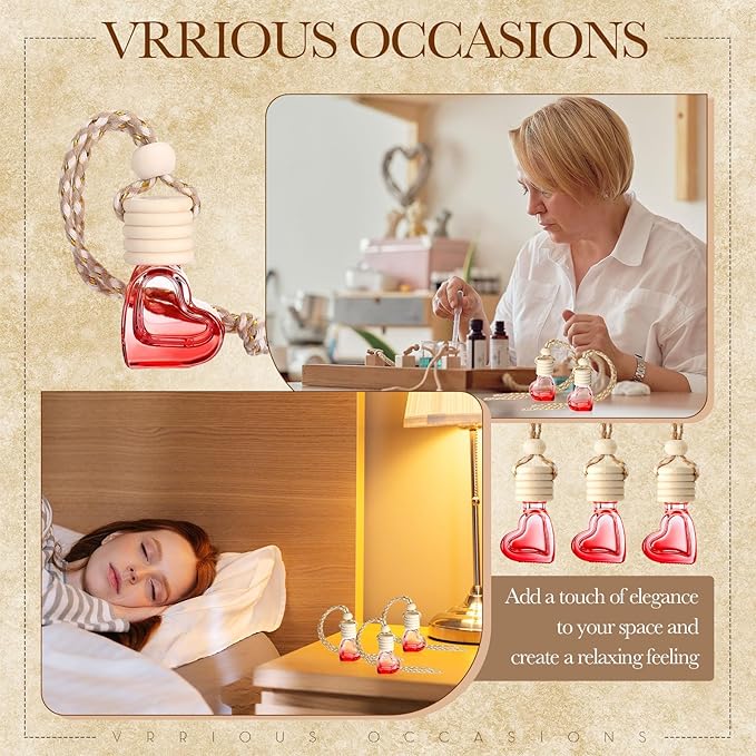 50 Pcs 6ml Hanging Car Diffuser Bottle Empty Glass Perfume Air Freshener Heart Love Bottle Diffuser Pendant Valentine's Day Essential Oil Fragrance Aromatherapy Ornament (Red)