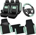 CAR PASS Universal Mint Leather Lace Car Seat Covers Full Set for Women Girls, Waterproof Car Floor Mats Carpet, Glitter Steering Wheel Cover for Car Accessories Interior Sets,10PCS Included