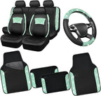 CAR PASS Universal Mint Leather Lace Car Seat Covers Full Set for Women Girls, Waterproof Car Floor Mats Carpet, Glitter Steering Wheel Cover for Car Accessories Interior Sets,10PCS Included