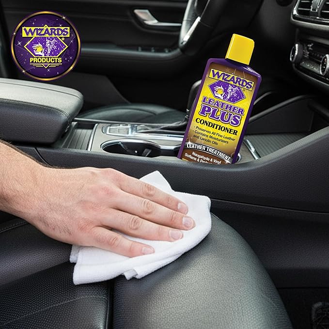 Wizards Leather Plus Leather Conditioner - Moisturizing Car Leather Seat Cleaner and Conditioner - Cleans, Conditions and Protects Leather, Naugahyde and Vinyl Car Accessories - 8 oz - Made in USA