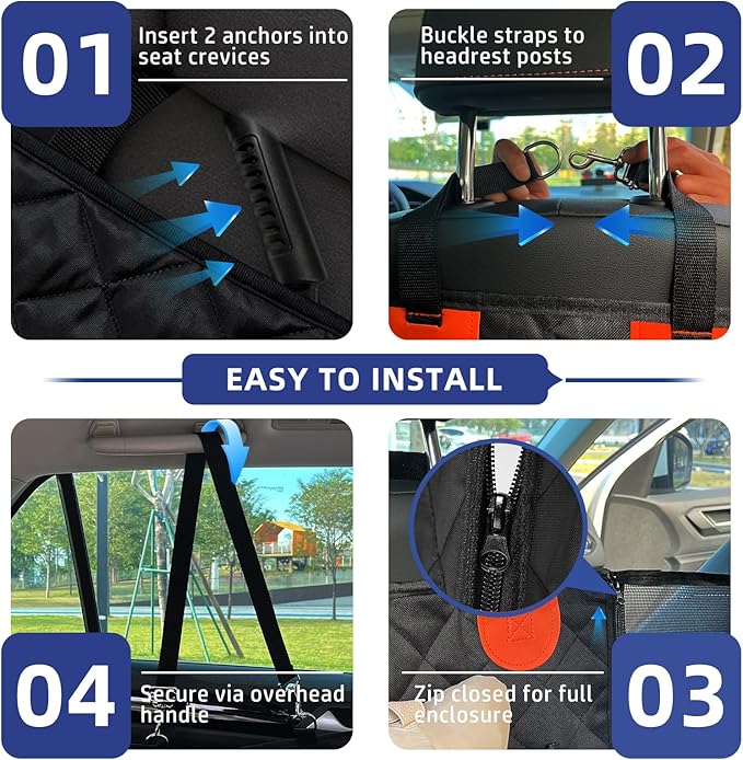 Hard Bottom Car Seat Cover for Dogs - 40% More Activity Space, Functions as Hammock and Flat Platform, Waterproof & Odorless, Non-Slip for Large Dogs, Fits Most Cars, Trucks, SUVs