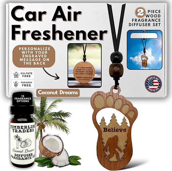 Personalized Car Air Freshener, Wood Diffuser and Fragrance Oil Set, Custom Message, Rearview Mirror Charm, Bigfoot Believe, Sasquatch, Auto Accessory for Men or Women (Coconut Dreams)